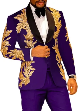2 PCS Mens Sequins Embroidery Suits Solid Slim Fit Shawl Collar Work Wedding Tuxedo Jacket Pant Sets