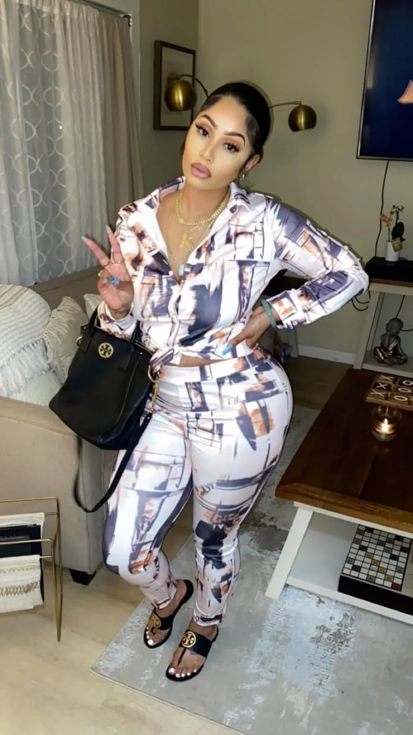 2 Piece Outfits for Women Sexy Bodycon Long Sleeve Crop Tops Long Pants Sets Floral Print Tracksuits