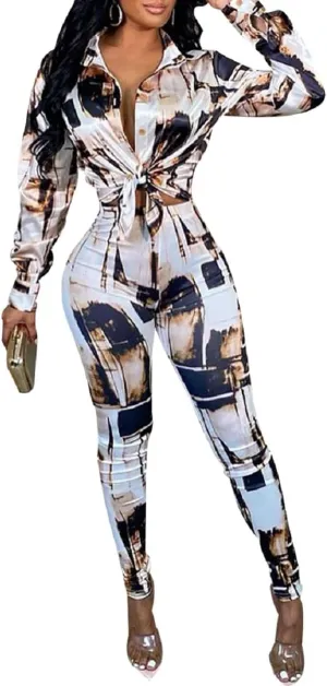 2 Piece Outfits for Women Sexy Bodycon Long Sleeve Crop Tops Long Pants Sets Floral Print Tracksuits