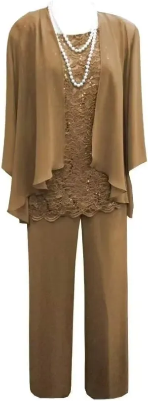3 Pcs Mother of The Bride Pant Suits for Wedding Long Sleeve Chiffon Formal Evening Gowns with Jacket