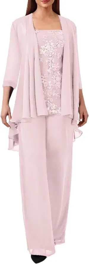 3 Pieces Mother of The Bride Pant Suits for Wedding Chiffon Formal Pantsuits for Women Evening Party with Jacket