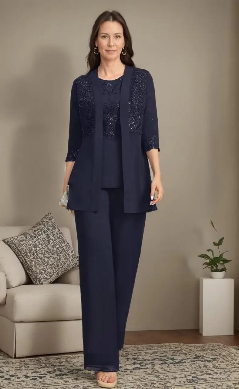 3 Pieces Mother of The Bride Pant Suits for Wedding Chiffon Lace Appliques Formal Outfit with Jacket KW010