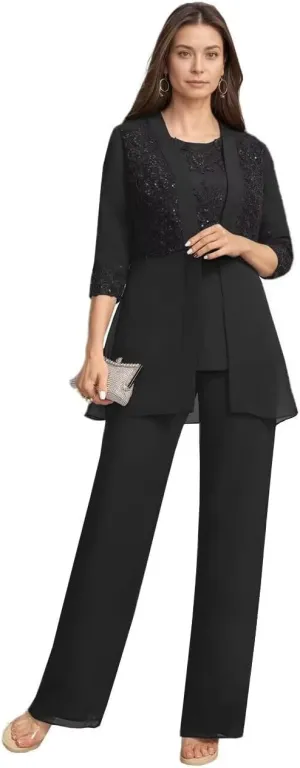 3 Pieces Mother of The Bride Pant Suits for Wedding Chiffon Lace Appliques Formal Outfit with Jacket KW010