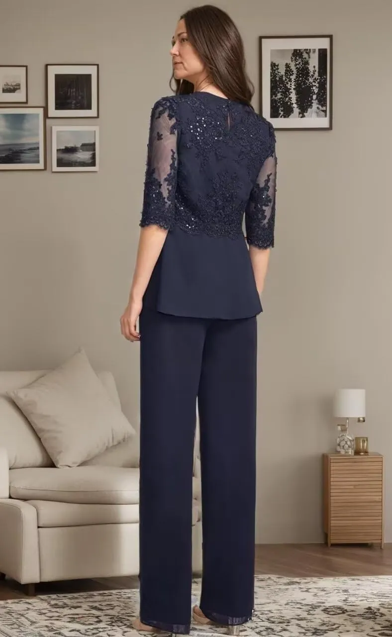 3 Pieces Mother of The Bride Pant Suits for Wedding Chiffon Lace Appliques Formal Outfit with Jacket KW010