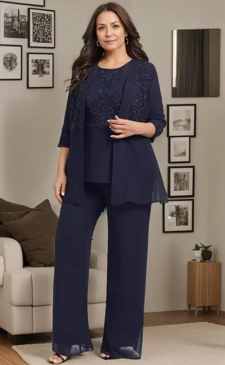 3 Pieces Mother of The Bride Pant Suits for Wedding Chiffon Lace Appliques Formal Outfit with Jacket KW010