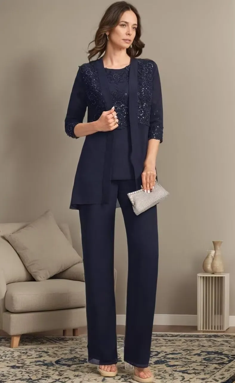 3 Pieces Mother of The Bride Pant Suits for Wedding Chiffon Lace Appliques Formal Outfit with Jacket KW010
