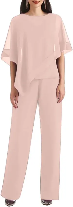 3 Pieces Pantsuits for Women with Cape Sleeve Jacket Chiffon Mother of The Bride Pant Suits Formal Evening Dresses