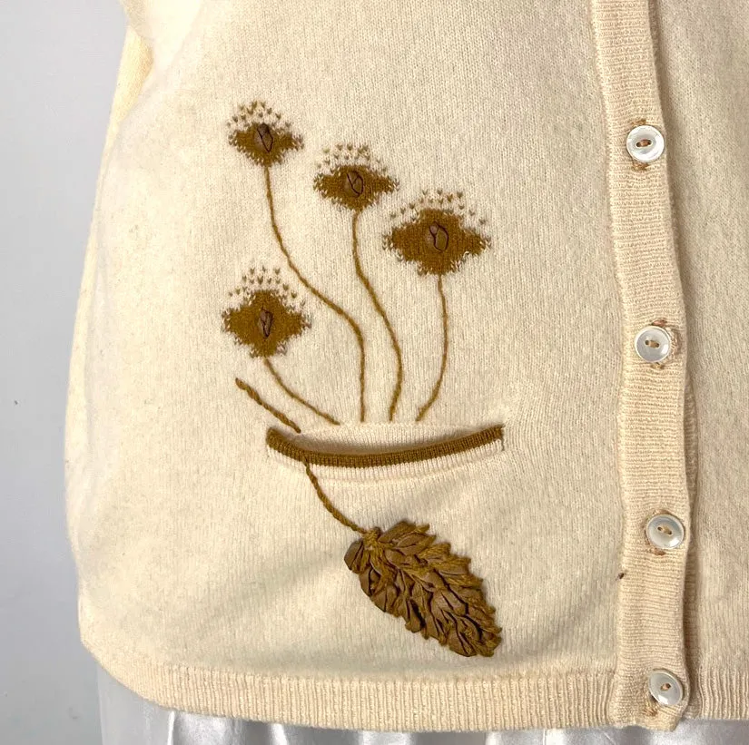 50s Cashmere Cardigan Women's Sweater 60s Vintage Intarsia Leather Plants Bernhard Altmann VFG