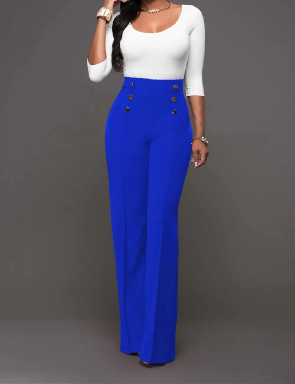 A ADILACA Women's 6-Button Trousers, Casual Work Office Basic Flare Dress Pants, High Waist Straight-Leg Long Pants