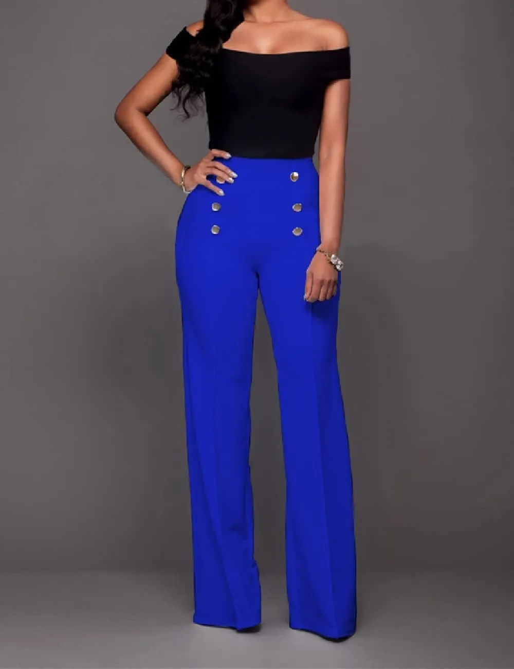 A ADILACA Women's 6-Button Trousers, Casual Work Office Basic Flare Dress Pants, High Waist Straight-Leg Long Pants