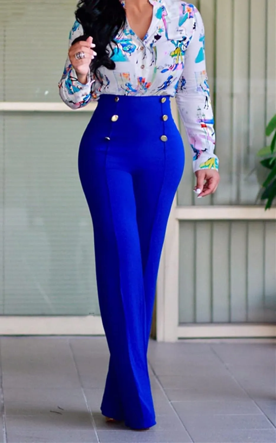 A ADILACA Women's 6-Button Trousers, Casual Work Office Basic Flare Dress Pants, High Waist Straight-Leg Long Pants