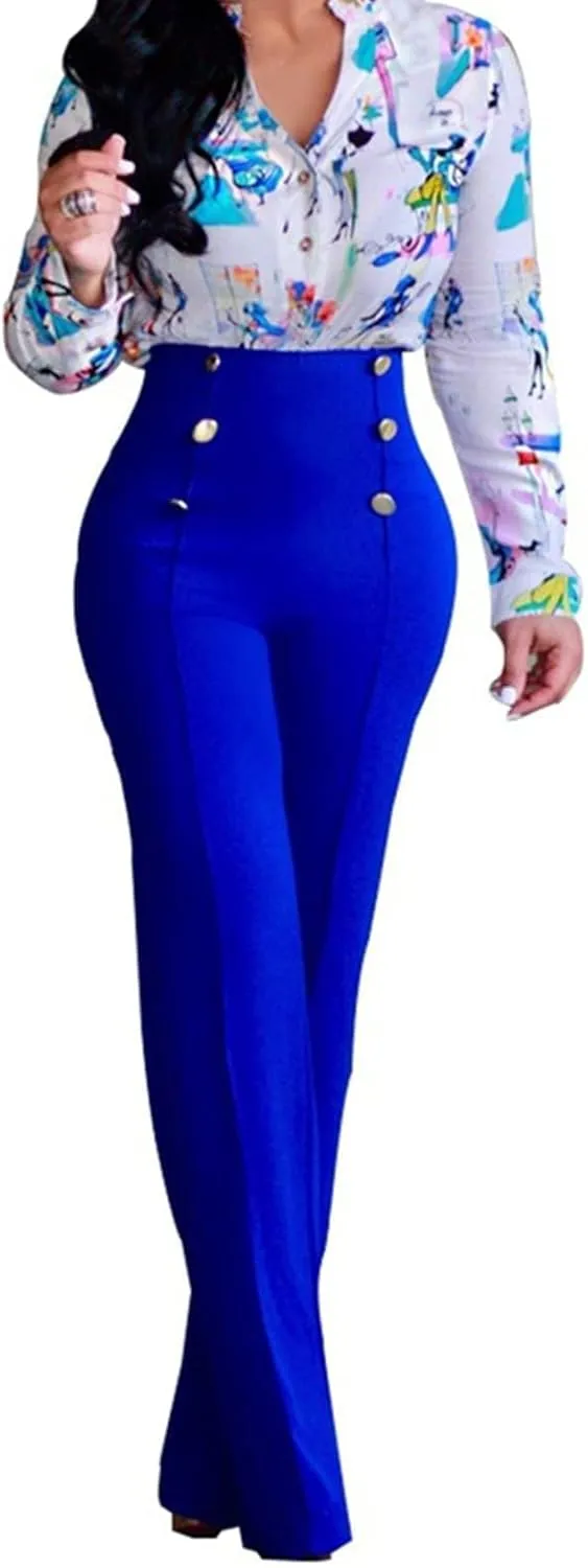 A ADILACA Women's 6-Button Trousers, Casual Work Office Basic Flare Dress Pants, High Waist Straight-Leg Long Pants