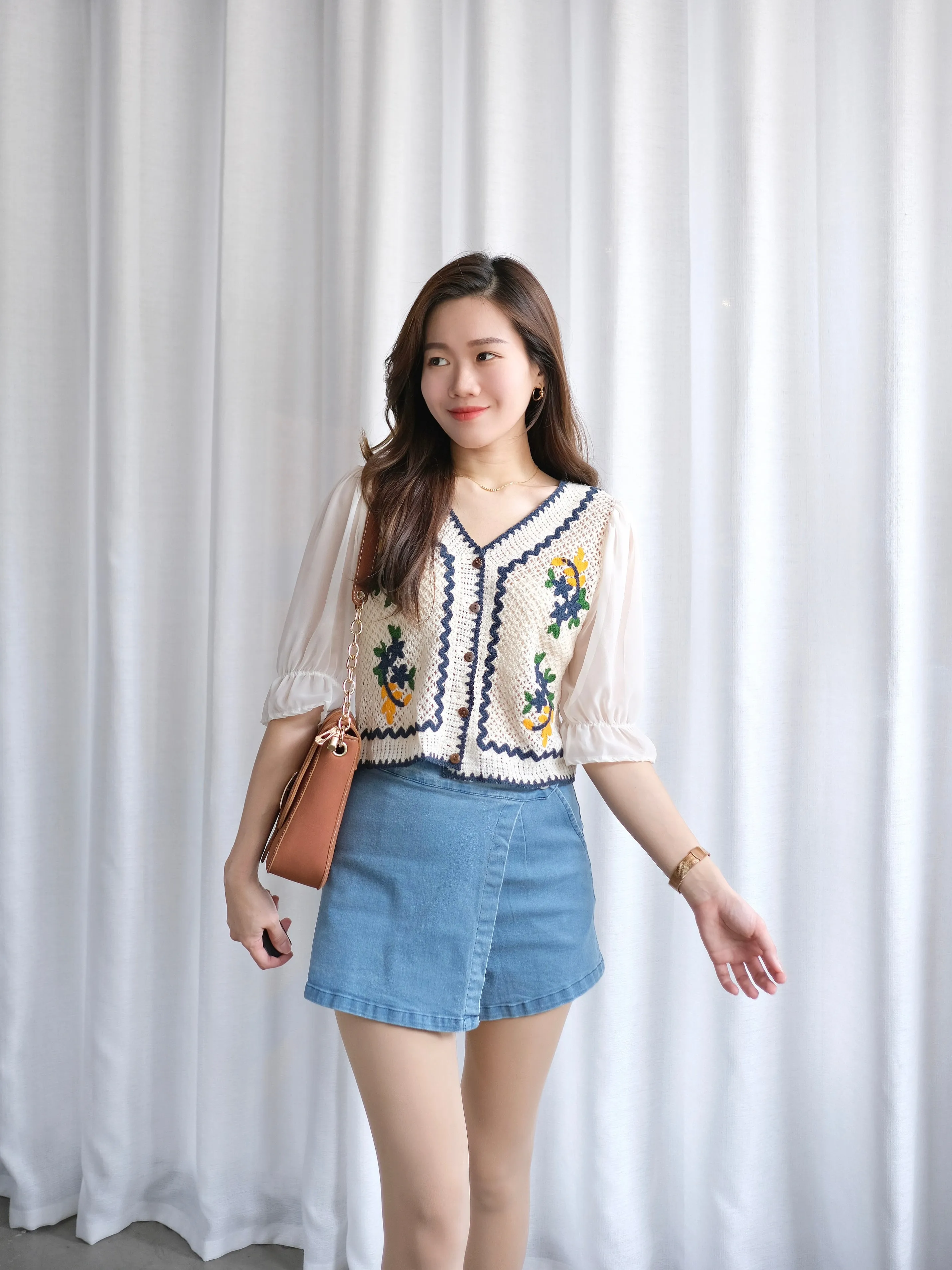 ACEWIN Puff Sheer Sleeve Floral Embroidery Crochet Cardigan Top (Free Size) 110316