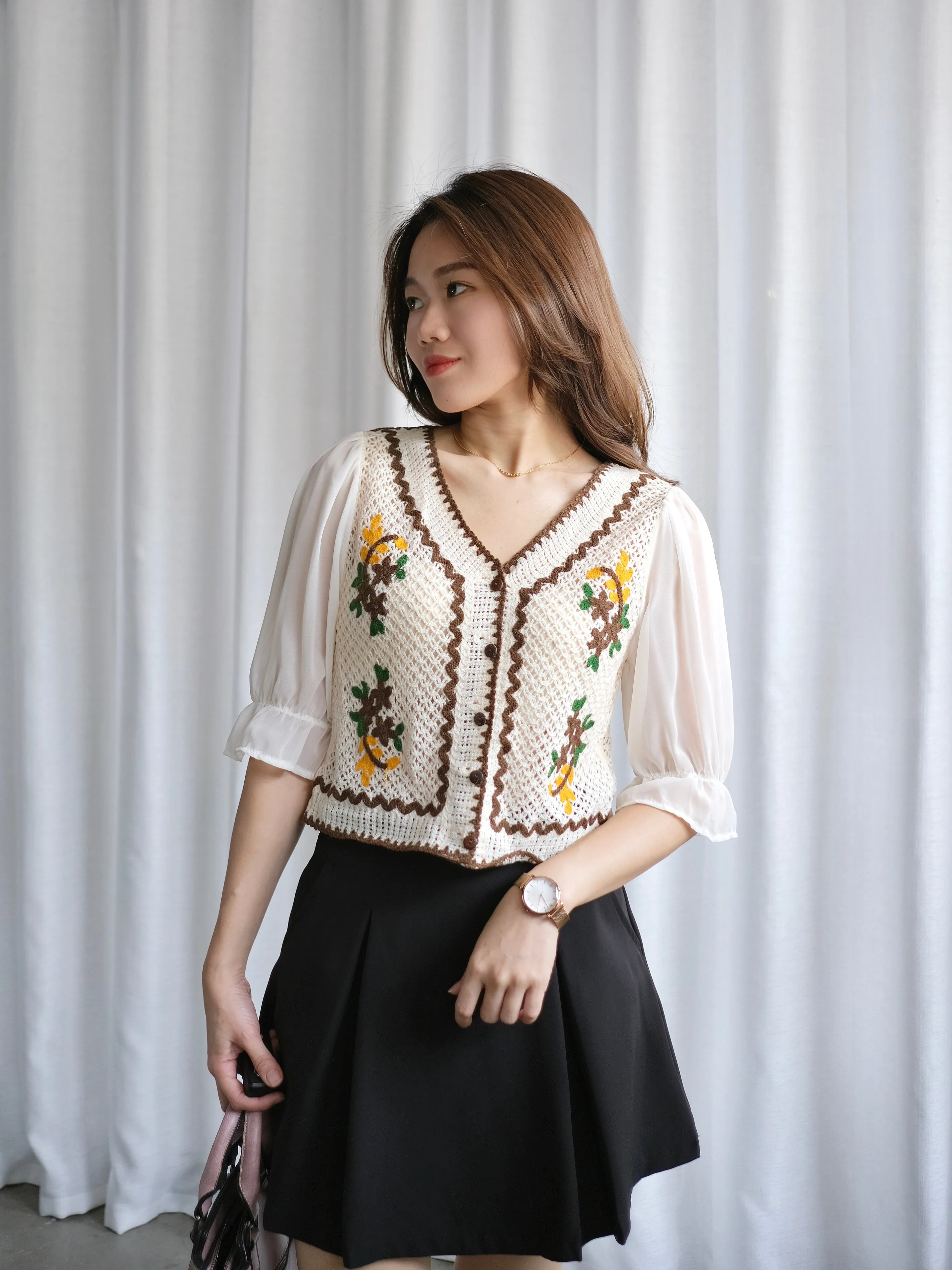 ACEWIN Puff Sheer Sleeve Floral Embroidery Crochet Cardigan Top (Free Size) 110316