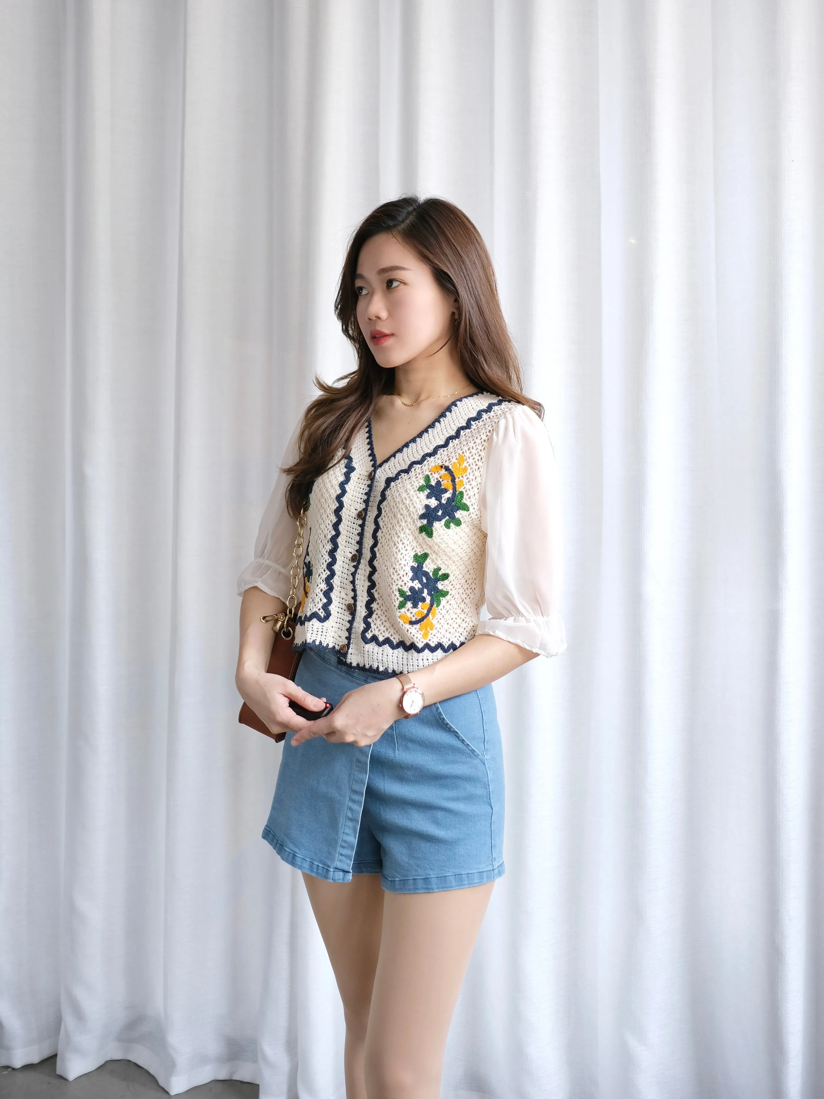 ACEWIN Puff Sheer Sleeve Floral Embroidery Crochet Cardigan Top (Free Size) 110316