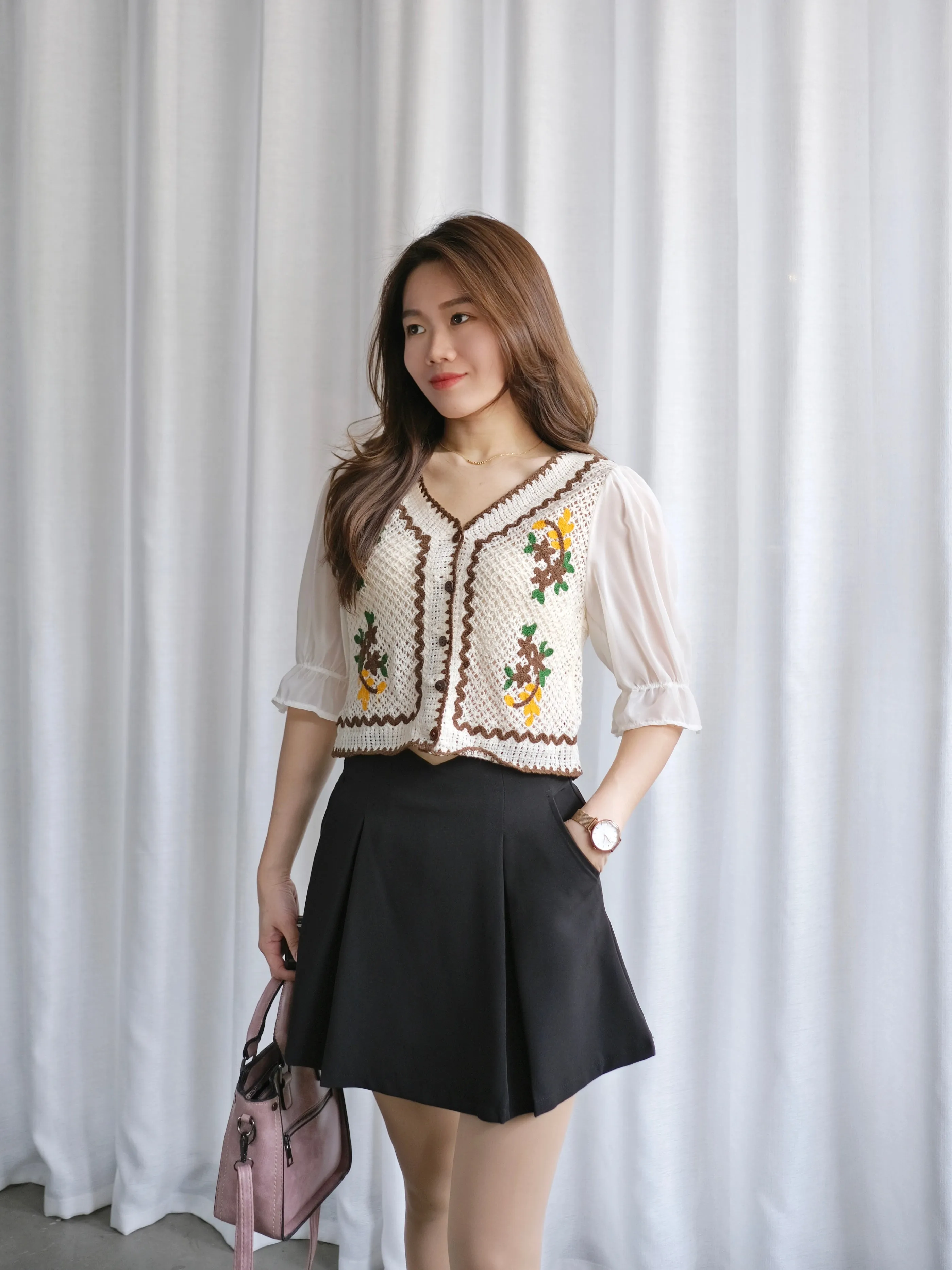 ACEWIN Puff Sheer Sleeve Floral Embroidery Crochet Cardigan Top (Free Size) 110316