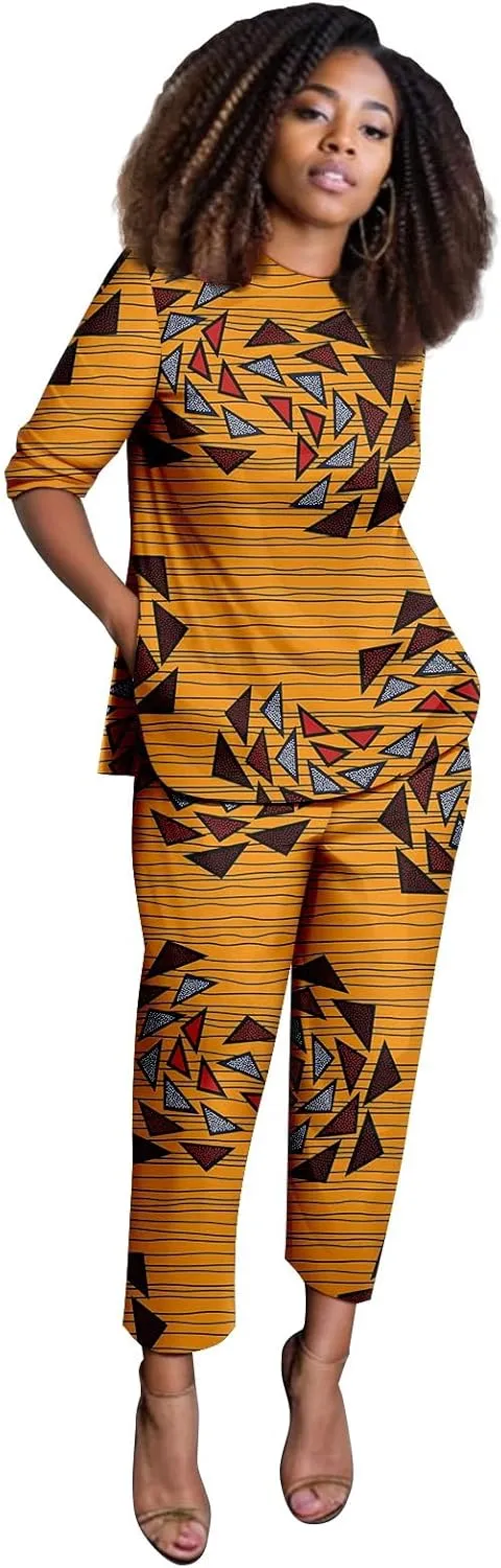 African Suits for Women Anakra Print Half Sleeve Top and Pants 2 Piece Set Outfits Dashiki Casual Tracksuit