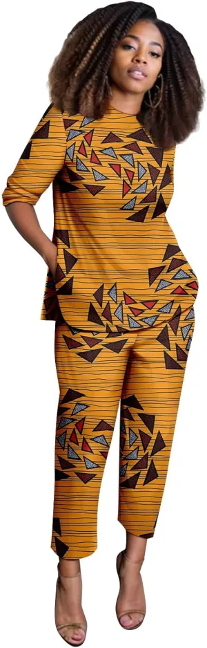 African Suits for Women Anakra Print Half Sleeve Top and Pants 2 Piece Set Outfits Dashiki Casual Tracksuit