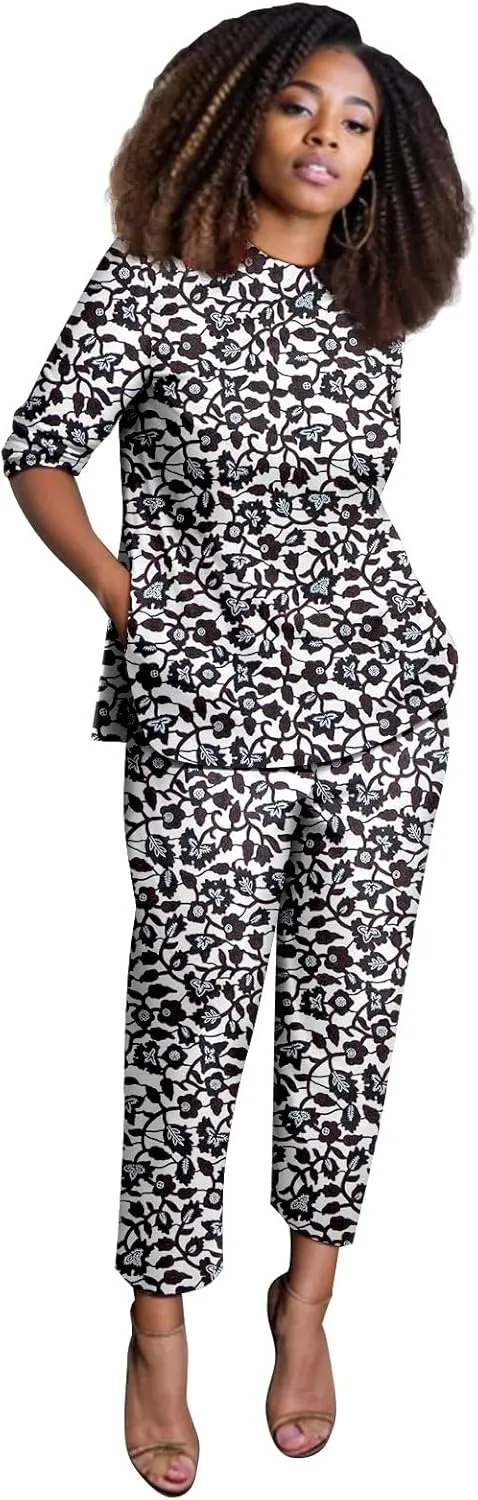 African Suits for Women Anakra Print Half Sleeve Top and Pants 2 Piece Set Outfits Dashiki Casual Tracksuit