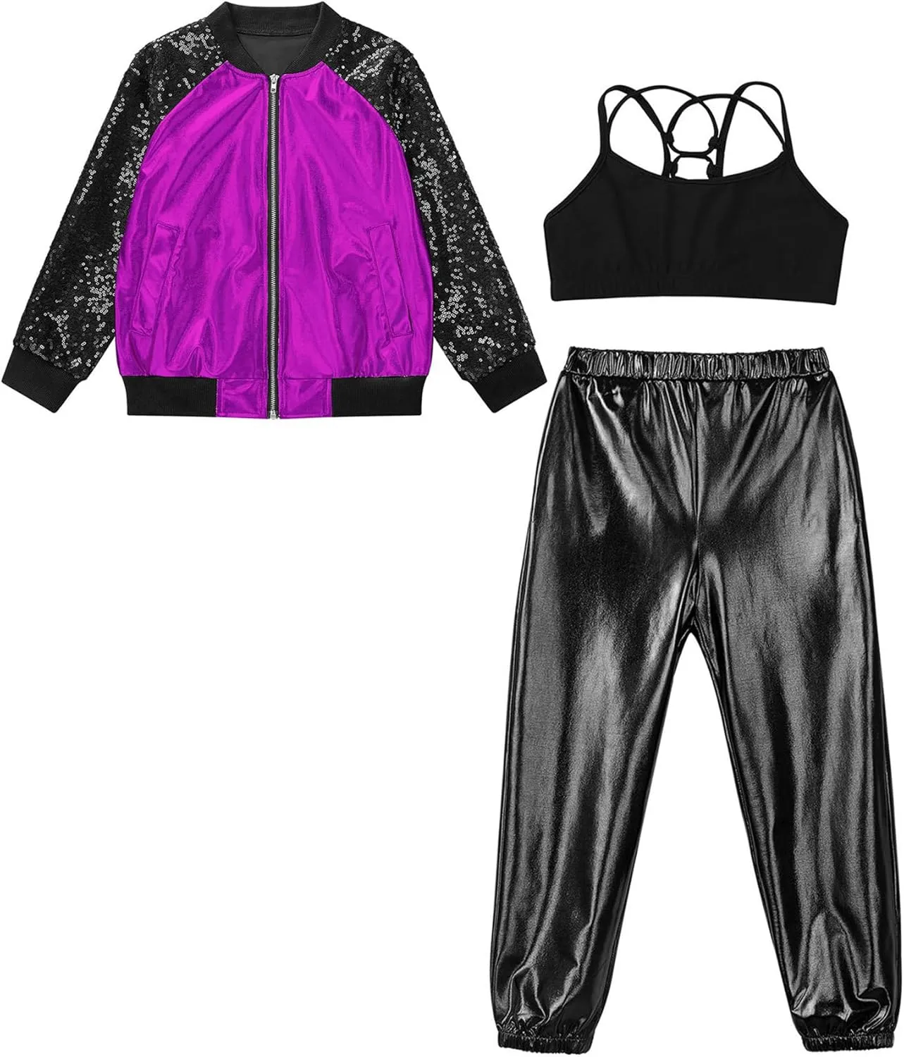 Aislor Kids Girls Jazz Hip Hop Dance Outfits Shiny Long Sleeve Bomber Jacket Sweatshirt Crop Tops with Harem Pants Set