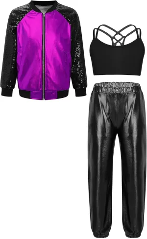 Aislor Kids Girls Jazz Hip Hop Dance Outfits Shiny Long Sleeve Bomber Jacket Sweatshirt Crop Tops with Harem Pants Set