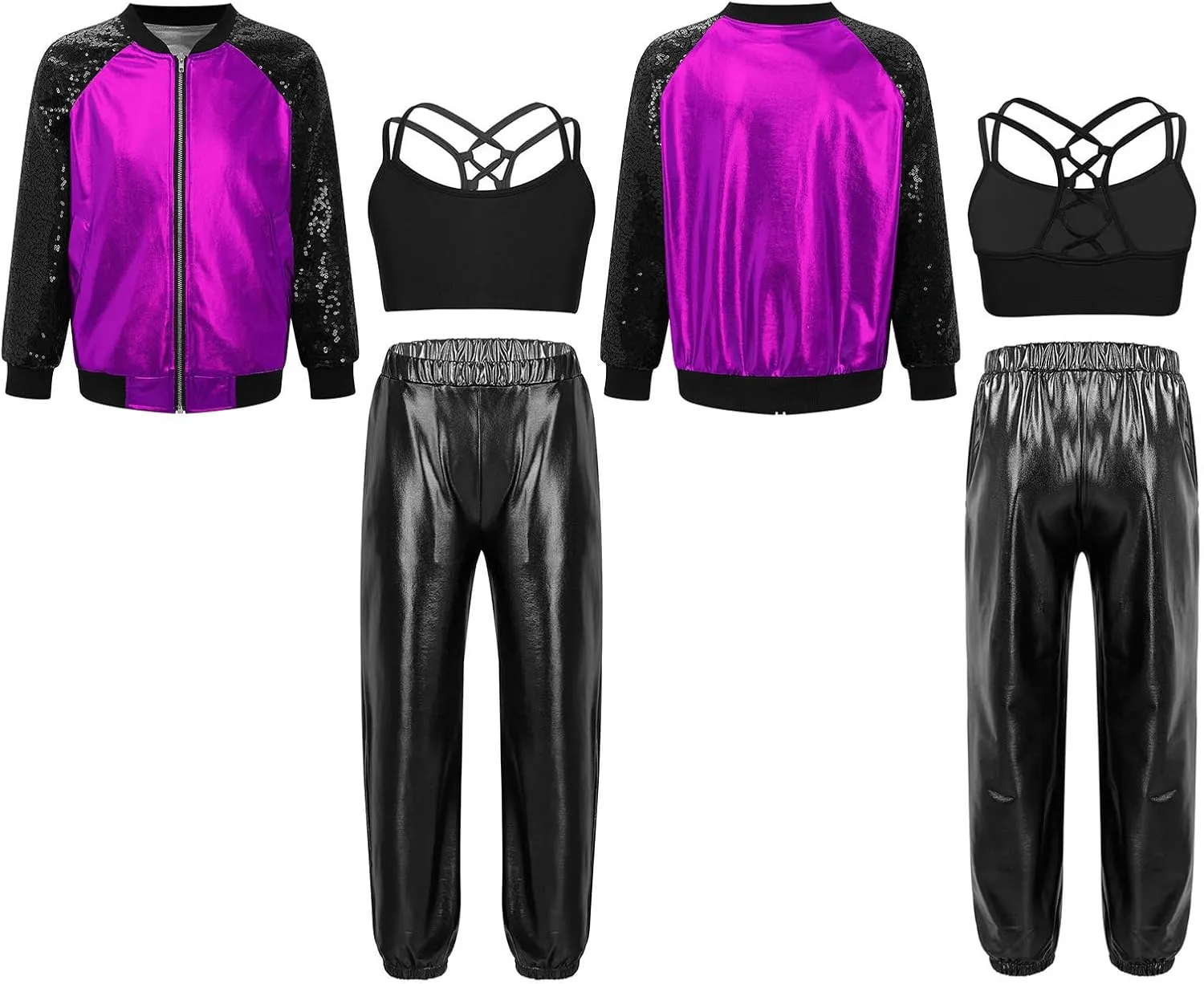 Aislor Kids Girls Jazz Hip Hop Dance Outfits Shiny Long Sleeve Bomber Jacket Sweatshirt Crop Tops with Harem Pants Set
