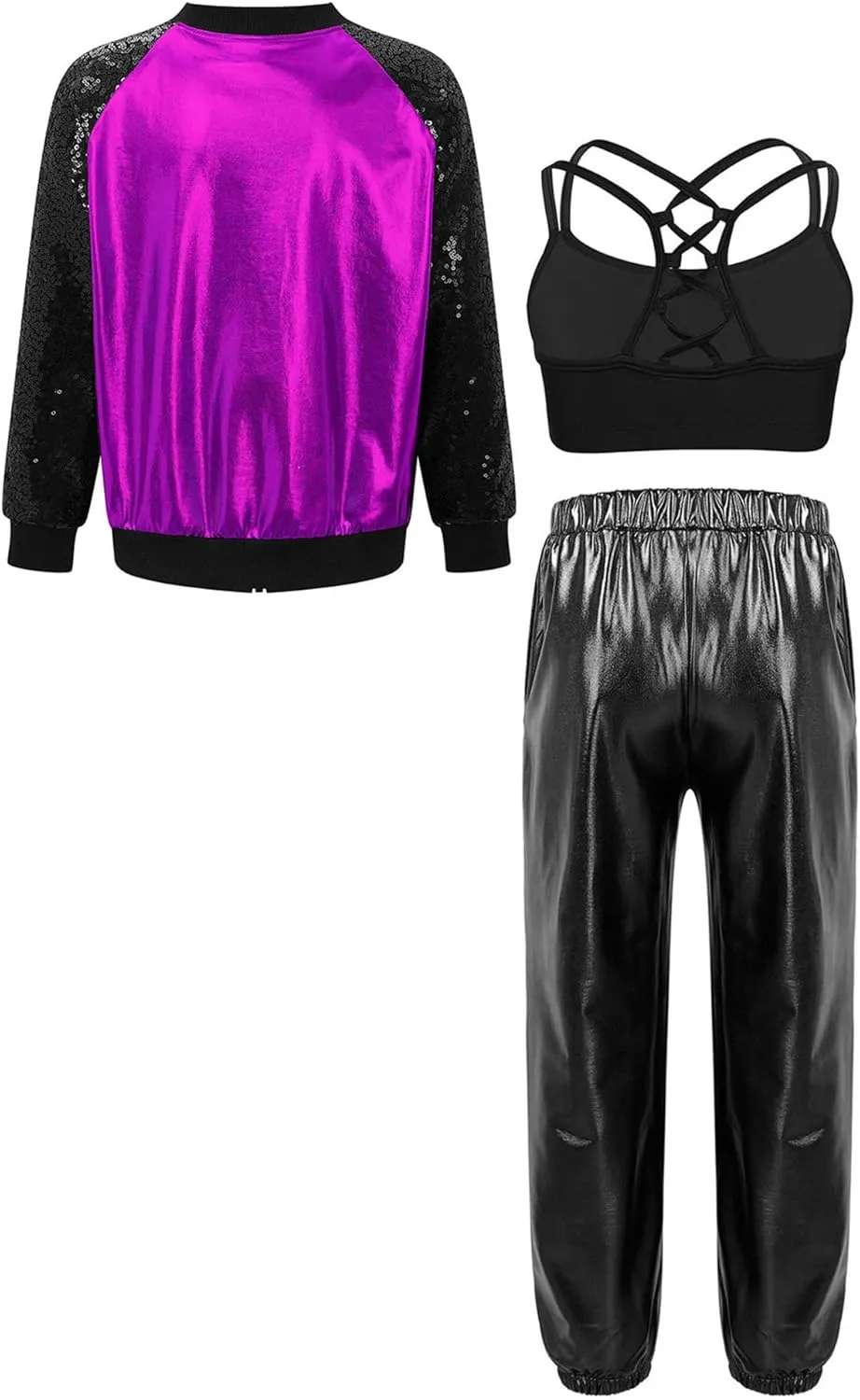 Aislor Kids Girls Jazz Hip Hop Dance Outfits Shiny Long Sleeve Bomber Jacket Sweatshirt Crop Tops with Harem Pants Set