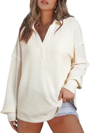 AlvaQ Womens Oversized Sweatshirt Loose V Neck Long Sleeve Lapel Collared Waffle Knit High Low Pullover Tops