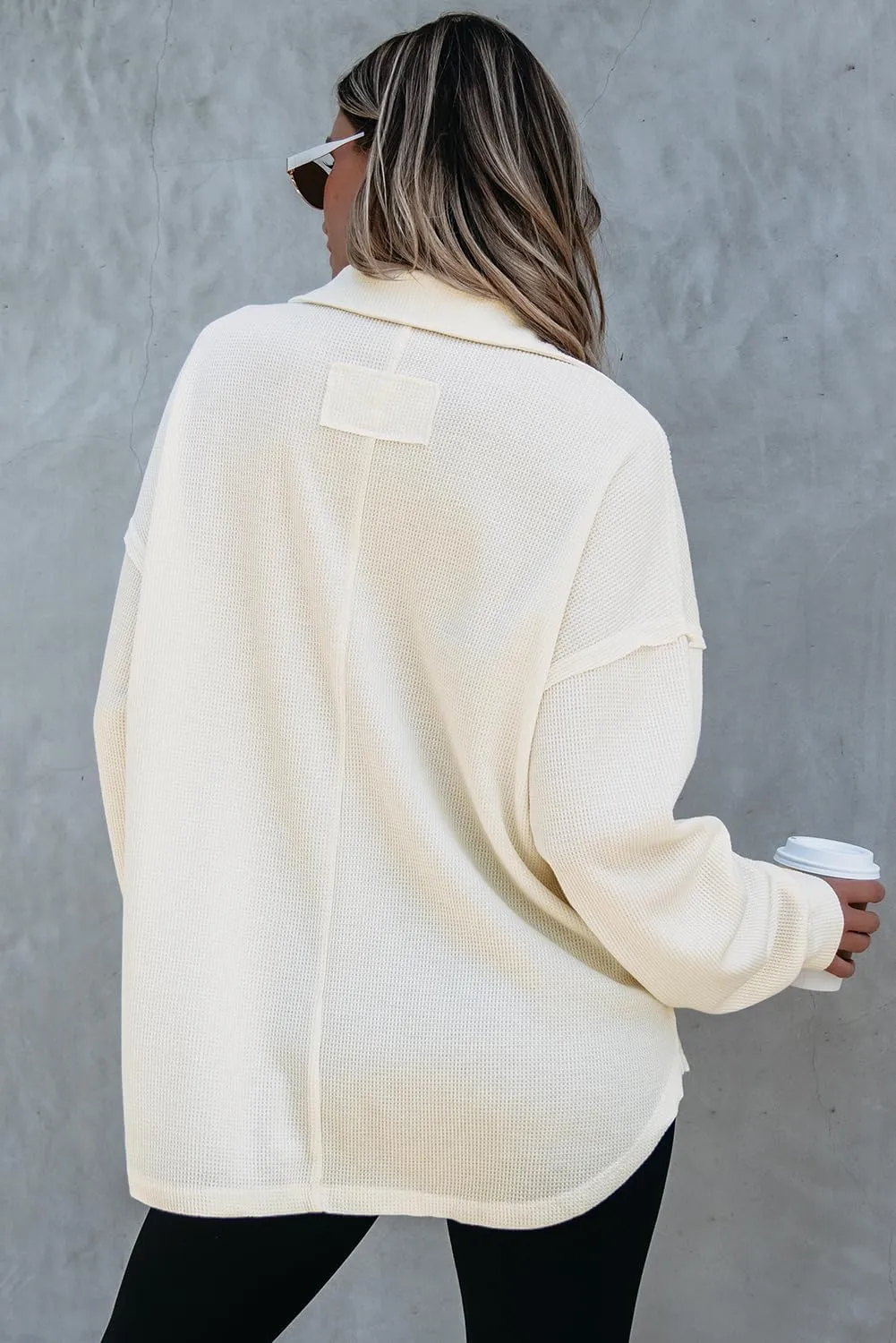 AlvaQ Womens Oversized Sweatshirt Loose V Neck Long Sleeve Lapel Collared Waffle Knit High Low Pullover Tops