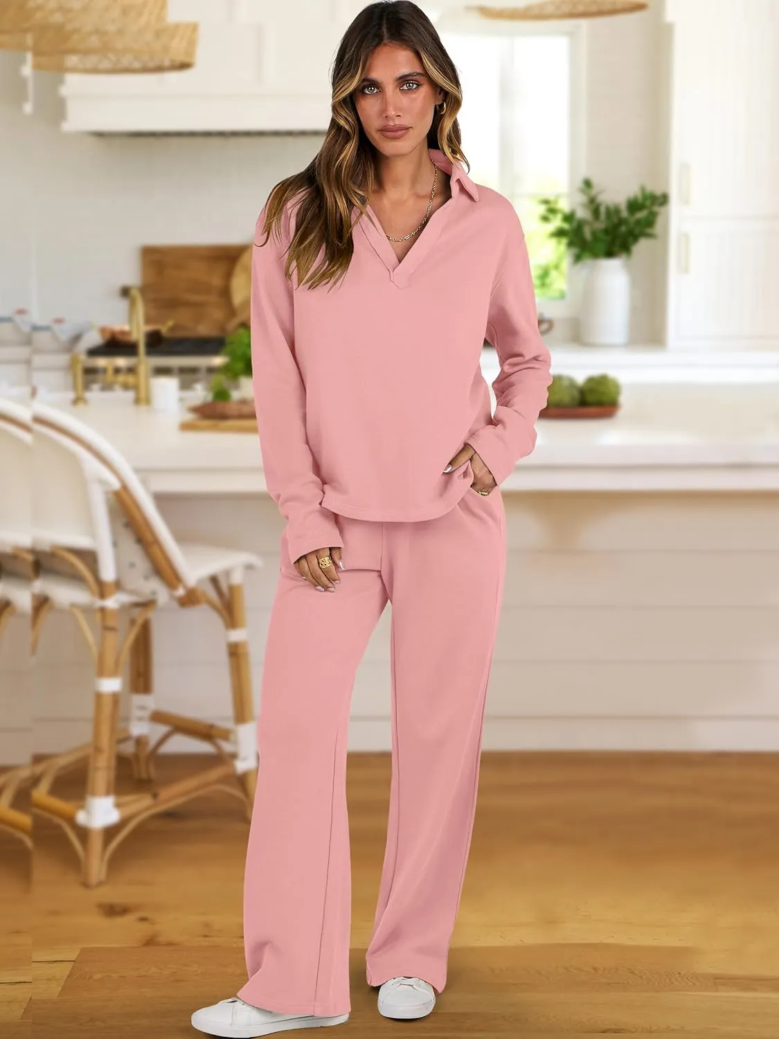 ANRABESS Lounge Sets for Women 2 Piece Outfits Sweatsuit Set Fall V Neck Sweatshirts Wide Leg Pants Tracksuits