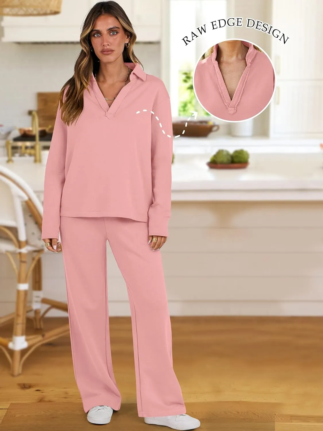 ANRABESS Lounge Sets for Women 2 Piece Outfits Sweatsuit Set Fall V Neck Sweatshirts Wide Leg Pants Tracksuits