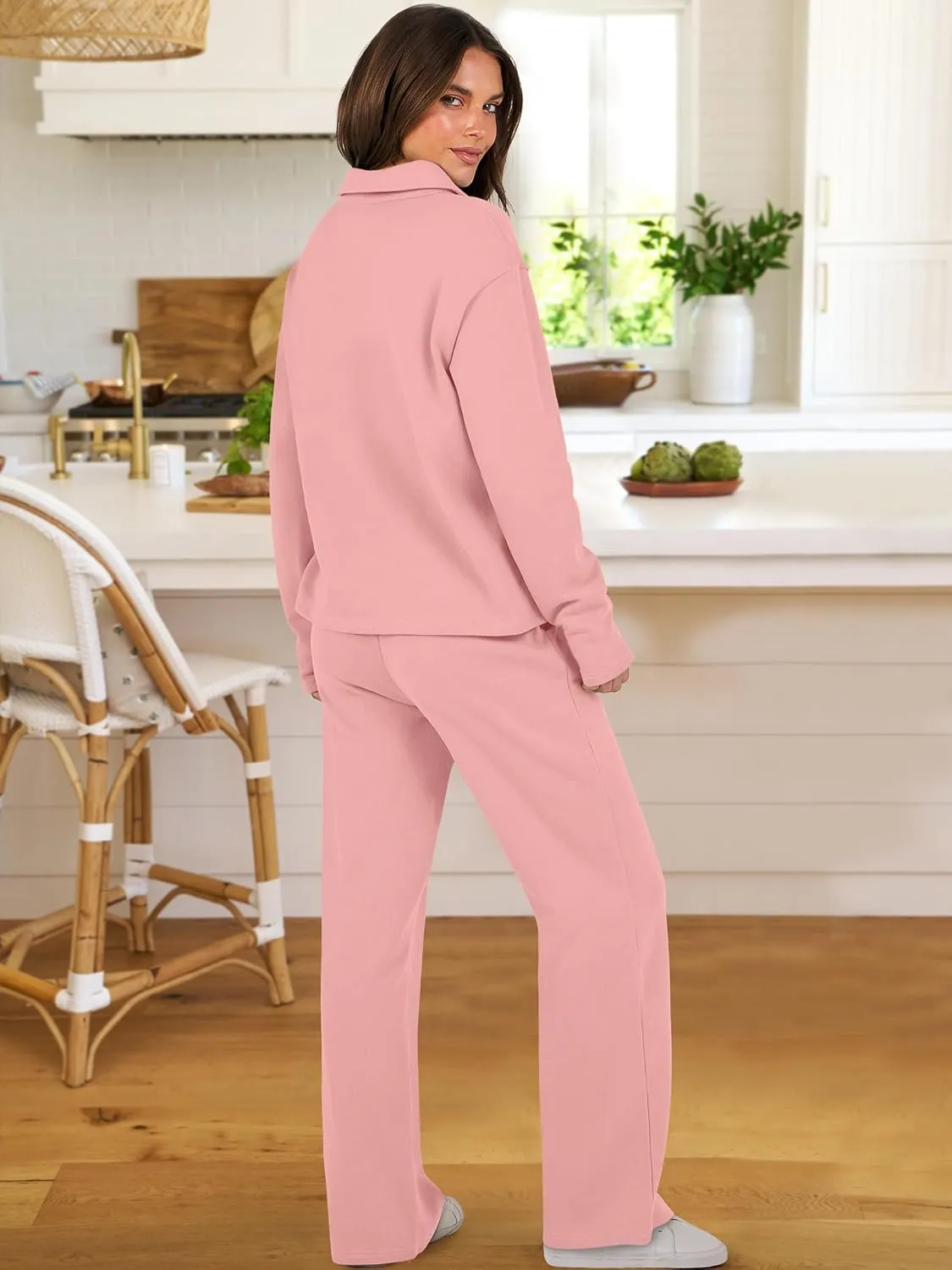 ANRABESS Lounge Sets for Women 2 Piece Outfits Sweatsuit Set Fall V Neck Sweatshirts Wide Leg Pants Tracksuits
