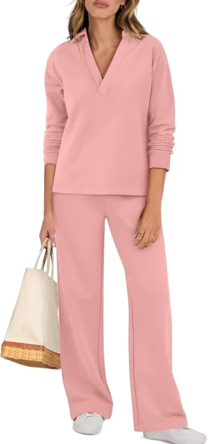 ANRABESS Lounge Sets for Women 2 Piece Outfits Sweatsuit Set Fall V Neck Sweatshirts Wide Leg Pants Tracksuits