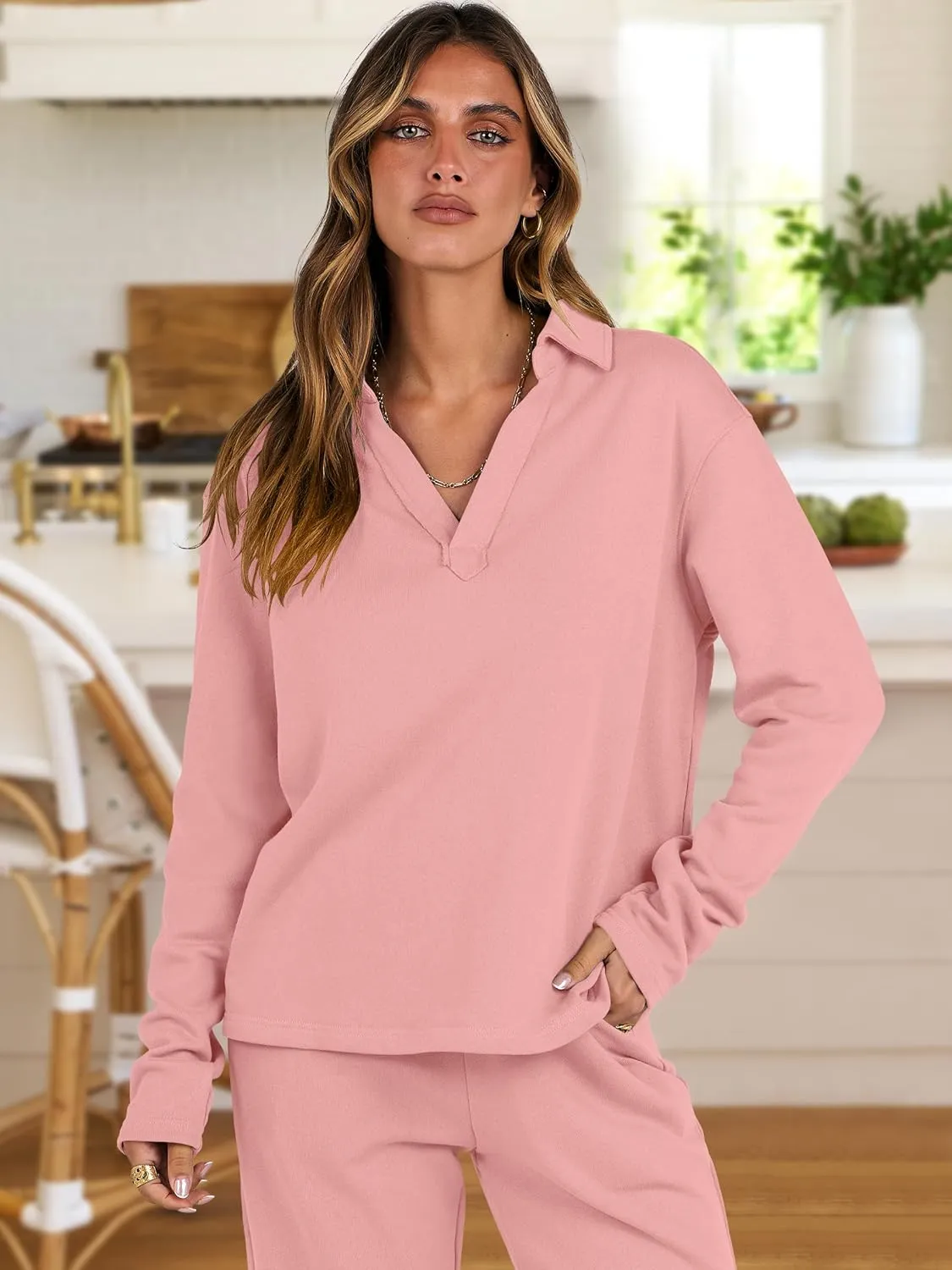 ANRABESS Lounge Sets for Women 2 Piece Outfits Sweatsuit Set Fall V Neck Sweatshirts Wide Leg Pants Tracksuits