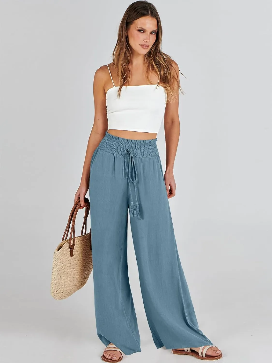 ANRABESS Women's Linen Pants Summer Casual Palazzo Beach Pant Drawstring High Waist Wide Leg Trousers Vacation Outfits