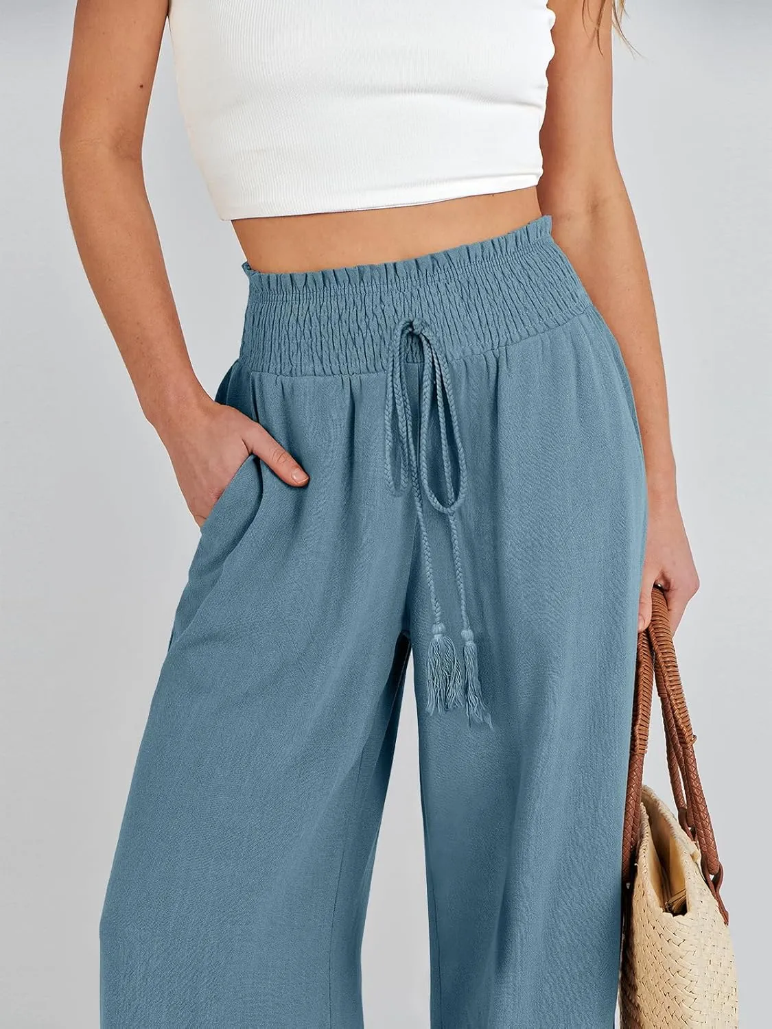 ANRABESS Women's Linen Pants Summer Casual Palazzo Beach Pant Drawstring High Waist Wide Leg Trousers Vacation Outfits
