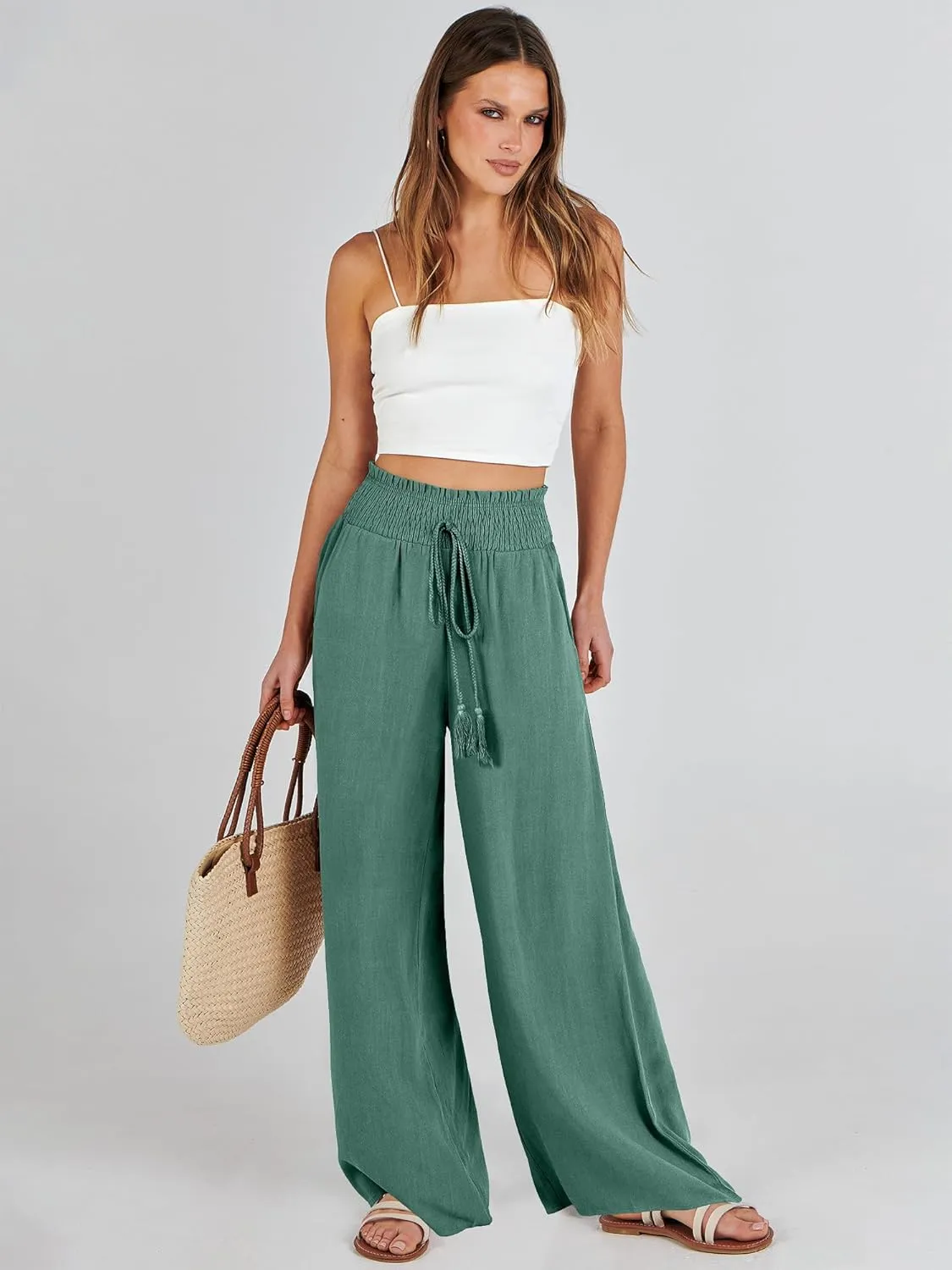 ANRABESS Women's Linen Pants Summer Casual Palazzo Beach Pant Drawstring High Waist Wide Leg Trousers Vacation Outfits
