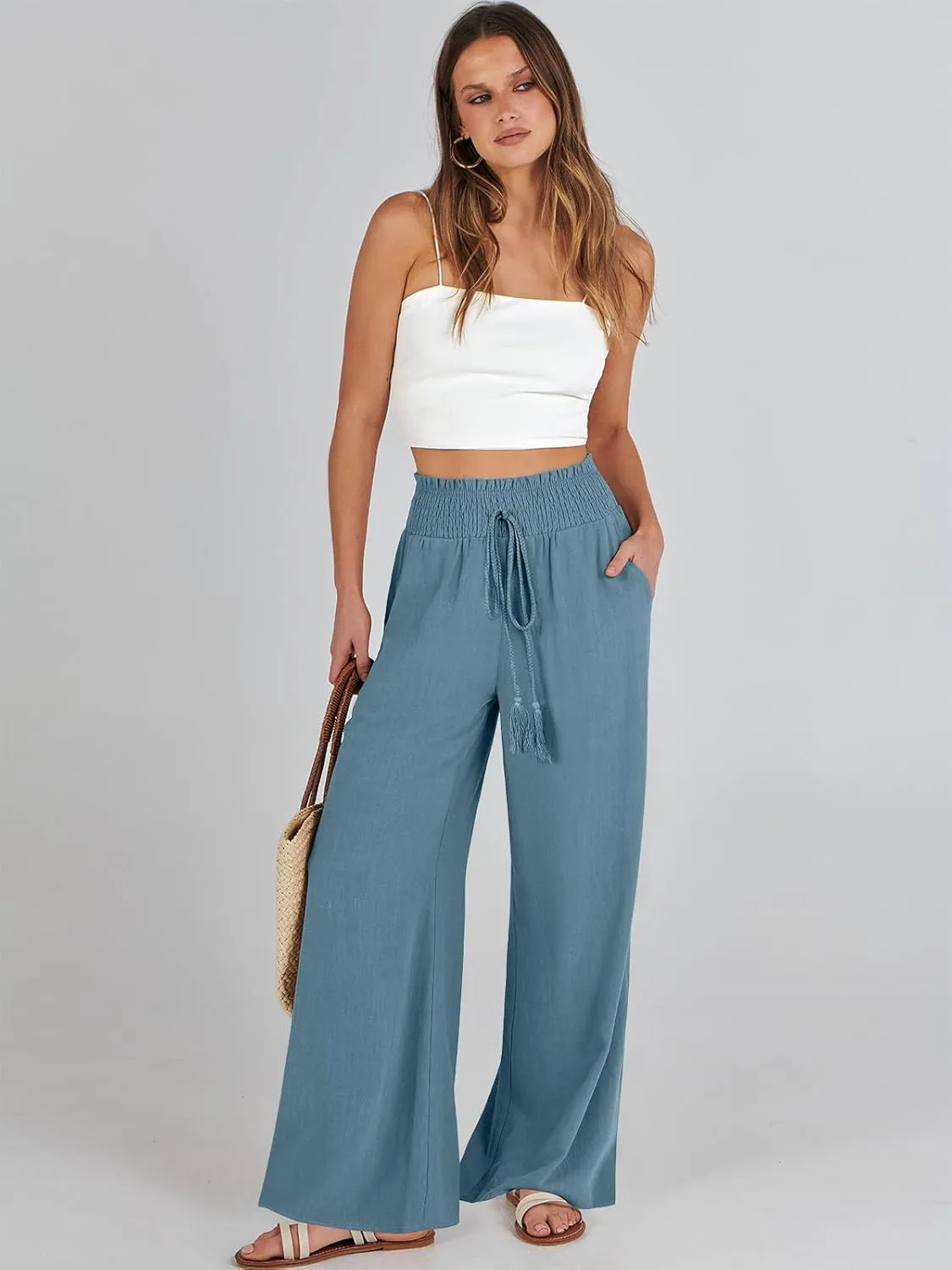 ANRABESS Women's Linen Pants Summer Casual Palazzo Beach Pant Drawstring High Waist Wide Leg Trousers Vacation Outfits