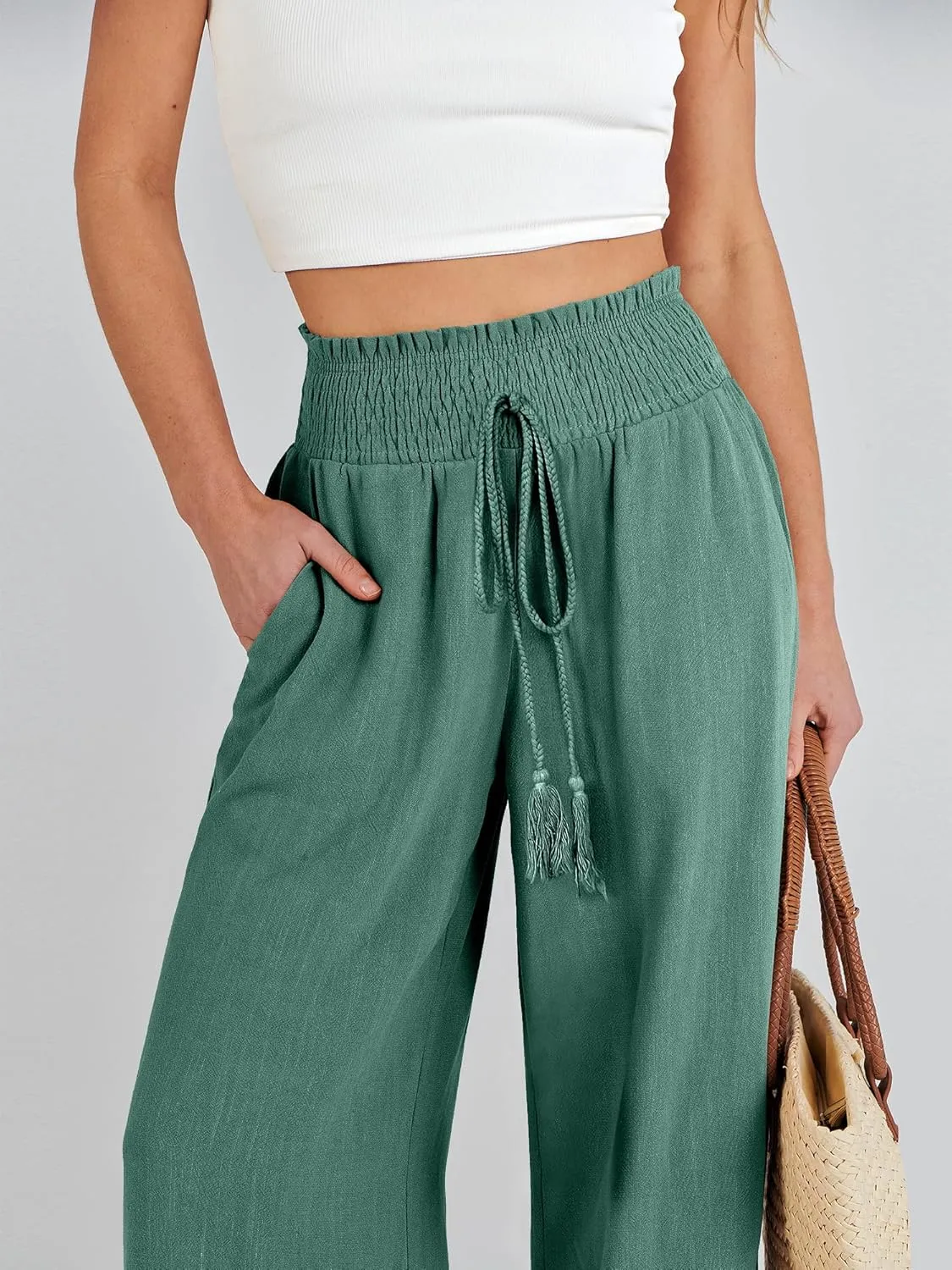 ANRABESS Women's Linen Pants Summer Casual Palazzo Beach Pant Drawstring High Waist Wide Leg Trousers Vacation Outfits
