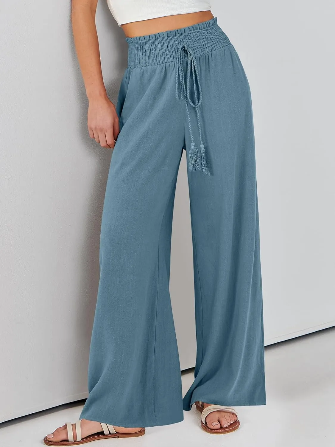 ANRABESS Women's Linen Pants Summer Casual Palazzo Beach Pant Drawstring High Waist Wide Leg Trousers Vacation Outfits