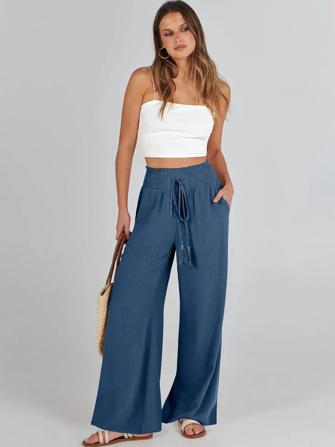 ANRABESS Women's Linen Pants Summer Casual Palazzo Beach Pant Drawstring High Waist Wide Leg Trousers Vacation Outfits