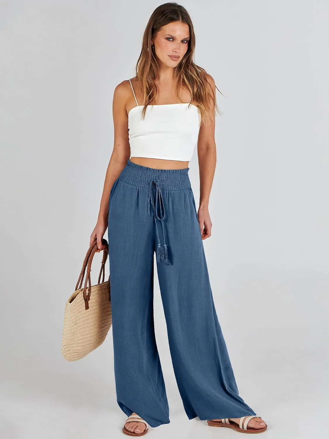ANRABESS Women's Linen Pants Summer Casual Palazzo Beach Pant Drawstring High Waist Wide Leg Trousers Vacation Outfits