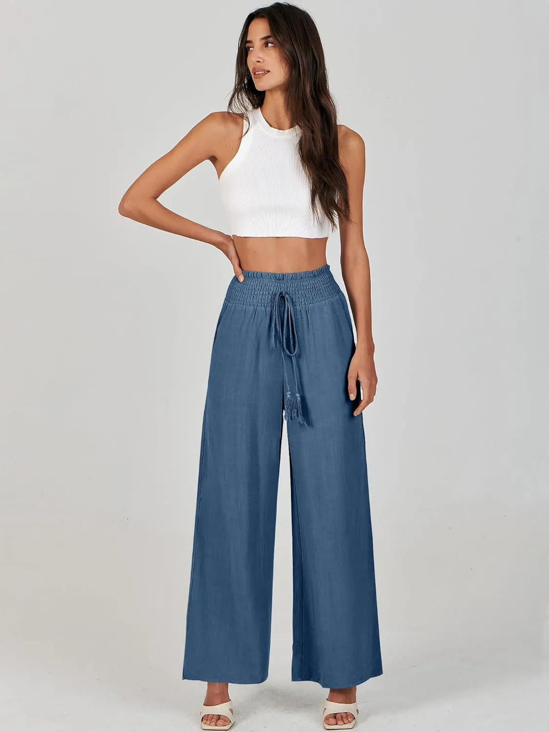 ANRABESS Women's Linen Pants Summer Casual Palazzo Beach Pant Drawstring High Waist Wide Leg Trousers Vacation Outfits