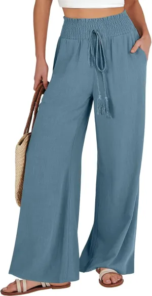 ANRABESS Women's Linen Pants Summer Casual Palazzo Beach Pant Drawstring High Waist Wide Leg Trousers Vacation Outfits