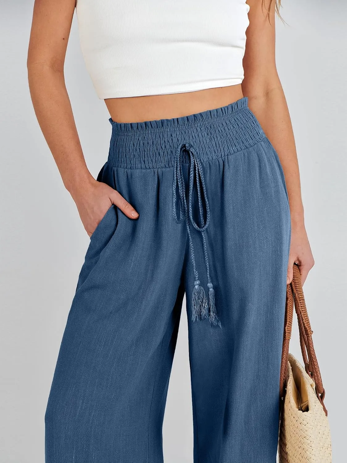 ANRABESS Women's Linen Pants Summer Casual Palazzo Beach Pant Drawstring High Waist Wide Leg Trousers Vacation Outfits