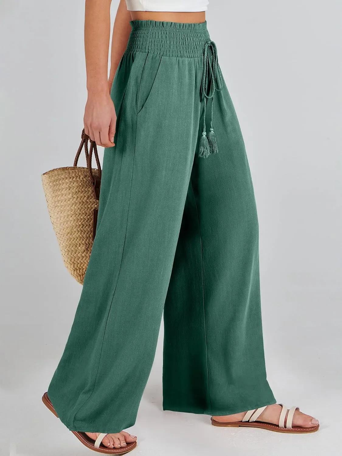 ANRABESS Women's Linen Pants Summer Casual Palazzo Beach Pant Drawstring High Waist Wide Leg Trousers Vacation Outfits