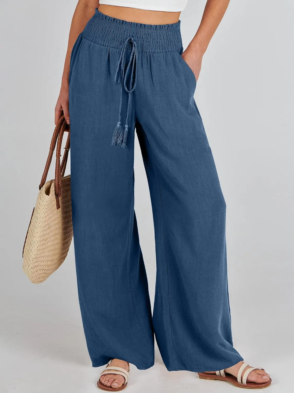 ANRABESS Women's Linen Pants Summer Casual Palazzo Beach Pant Drawstring High Waist Wide Leg Trousers Vacation Outfits