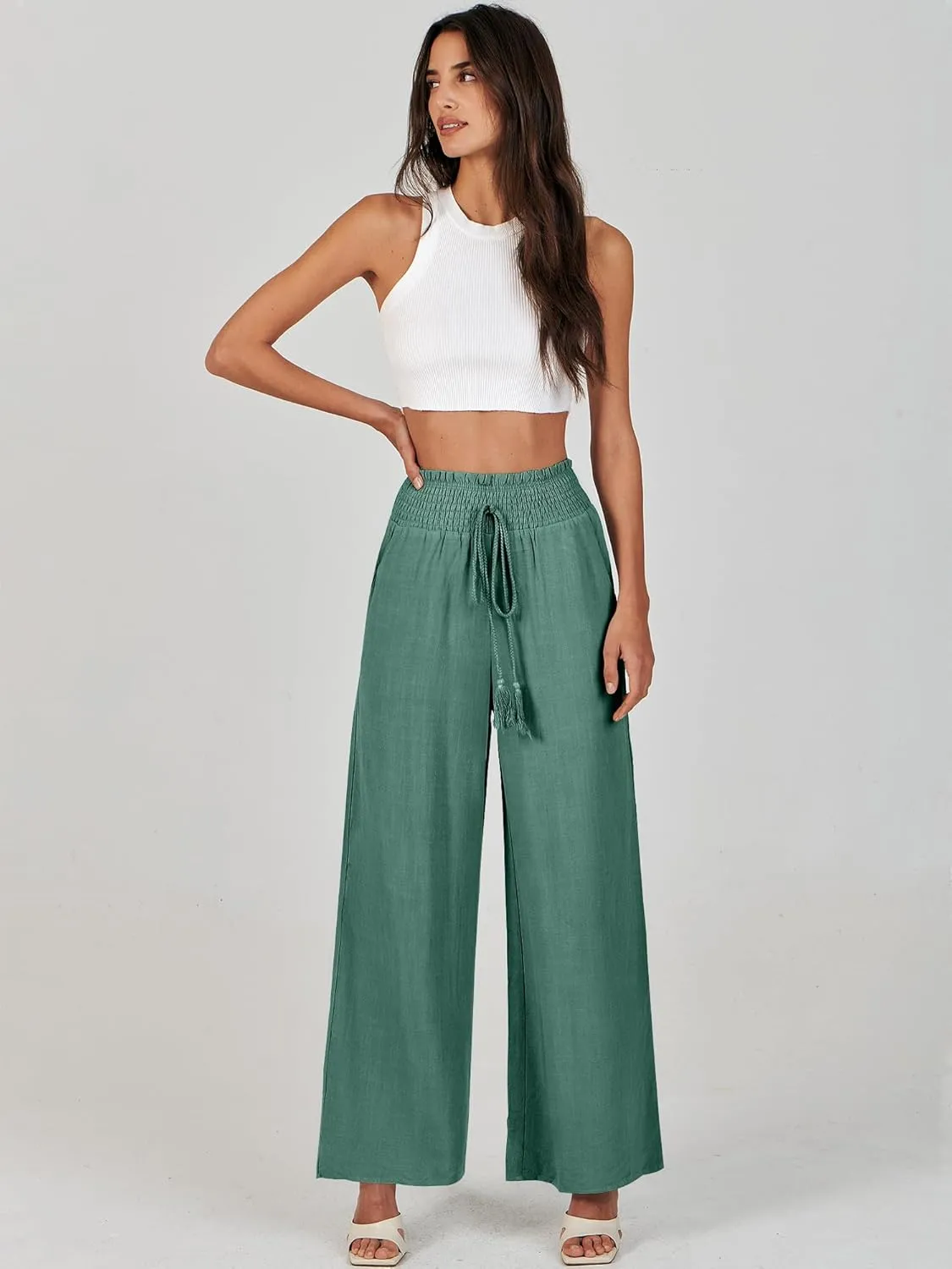 ANRABESS Women's Linen Pants Summer Casual Palazzo Beach Pant Drawstring High Waist Wide Leg Trousers Vacation Outfits