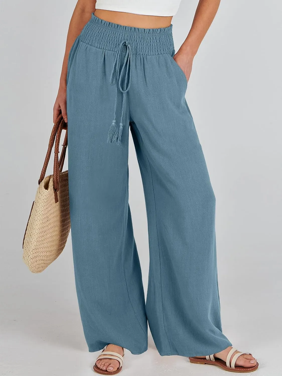 ANRABESS Women's Linen Pants Summer Casual Palazzo Beach Pant Drawstring High Waist Wide Leg Trousers Vacation Outfits