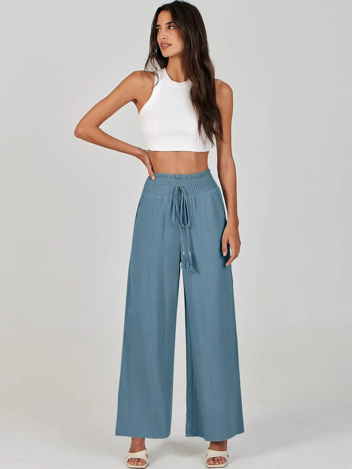 ANRABESS Women's Linen Pants Summer Casual Palazzo Beach Pant Drawstring High Waist Wide Leg Trousers Vacation Outfits